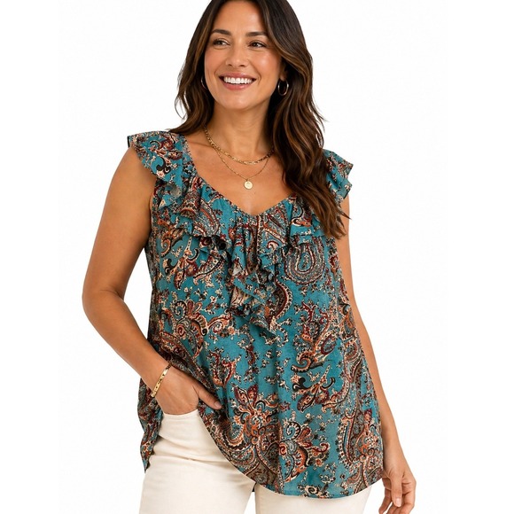 Lauren Ralph Lauren Tops - Lauren Ralph Lauren Paisley Ruffle Sleeveless Blouse XL Boho Cotton